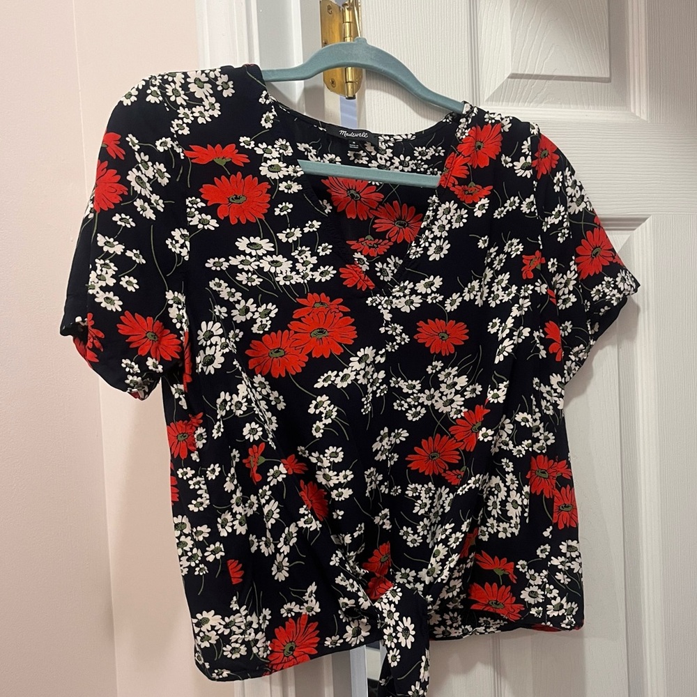 Madewell Novel Tie Front Top Hillside Daisies Deep Indigo - sz M